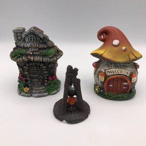 Miniature Fairy Garden Forest Mushroom House Cabin & Cooking Fire Set of 3